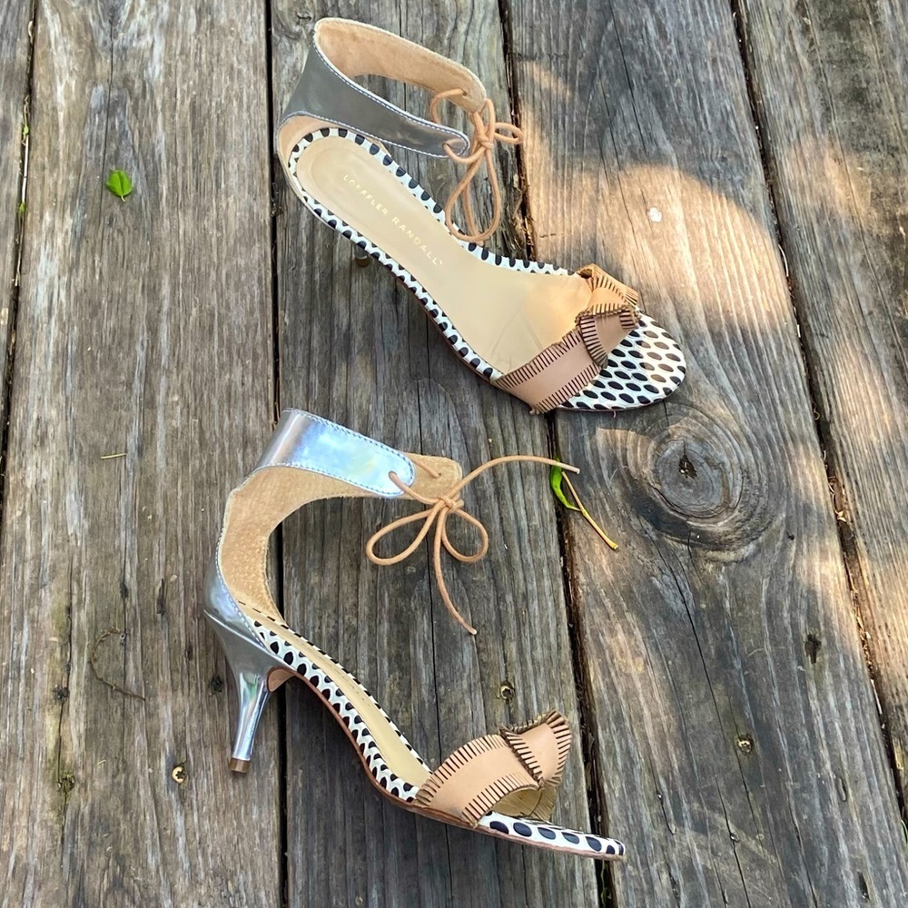 Loeffler Randall Size 6.5 Laceup Open Toe Sandals Metallic Heels Buff Leather